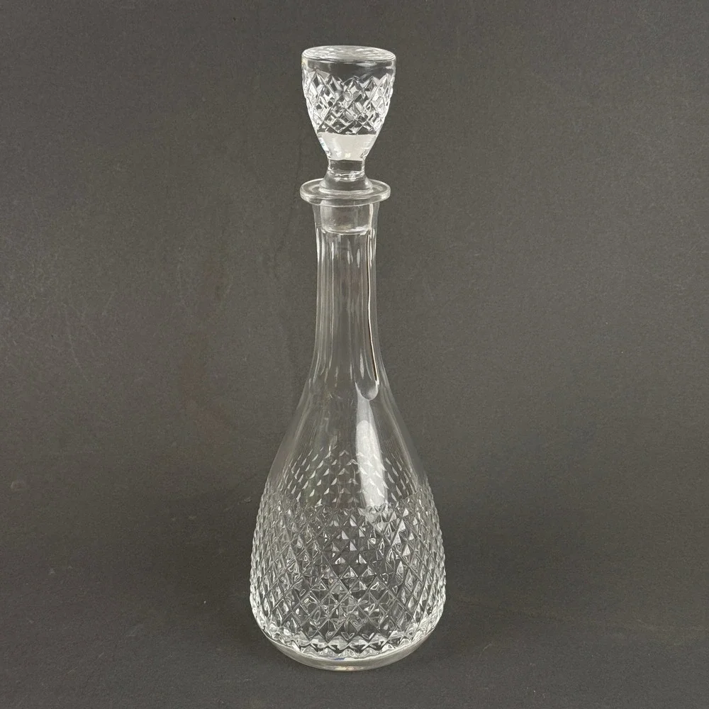 Vintage Pressed Glass Decanter with Stopper Diamond Pattern Star Base 13.5